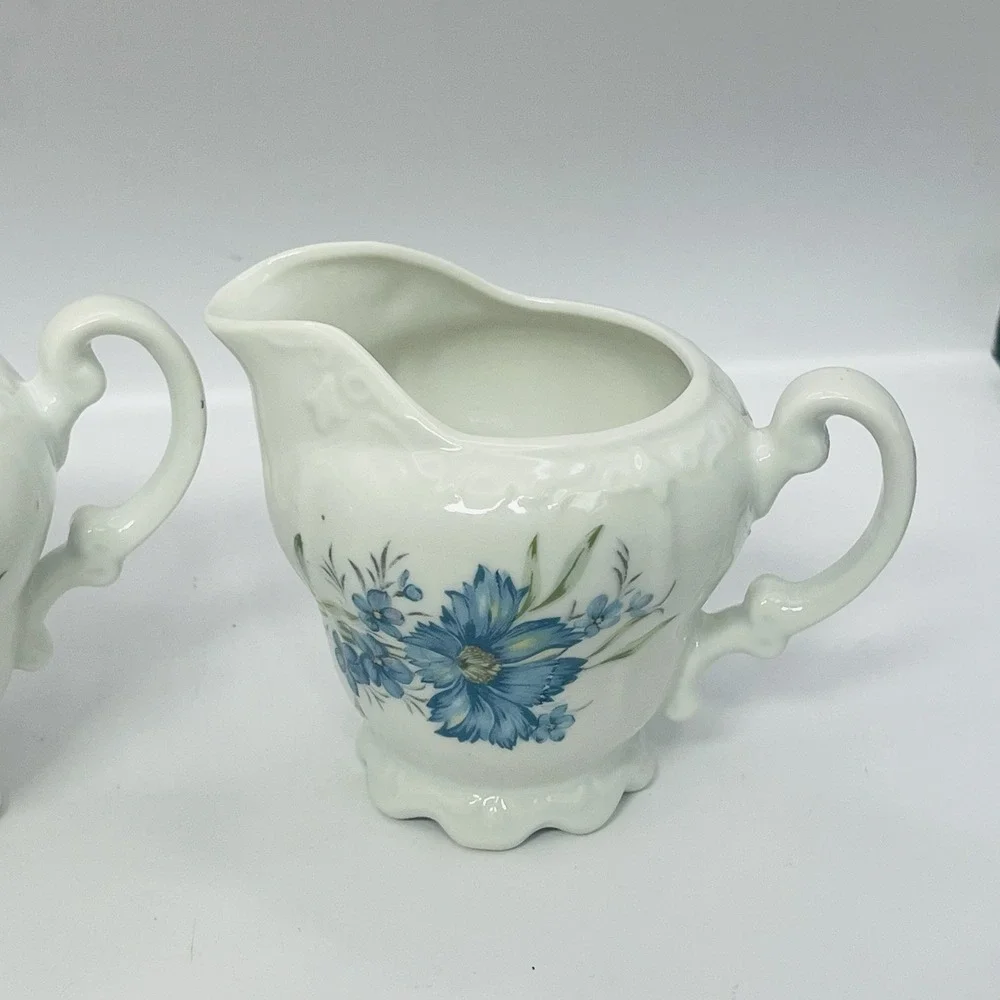 Vintage White Ceramic Teapot Blue Floral Cornflower Design Scalloped Rim